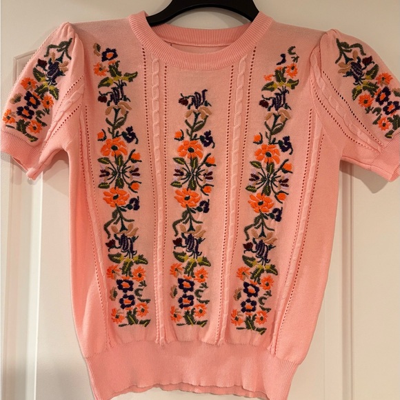 Modern Millie Pink Embroidered Short Puff Sleeve Cable Knit Sweater - Picture 4 of 6